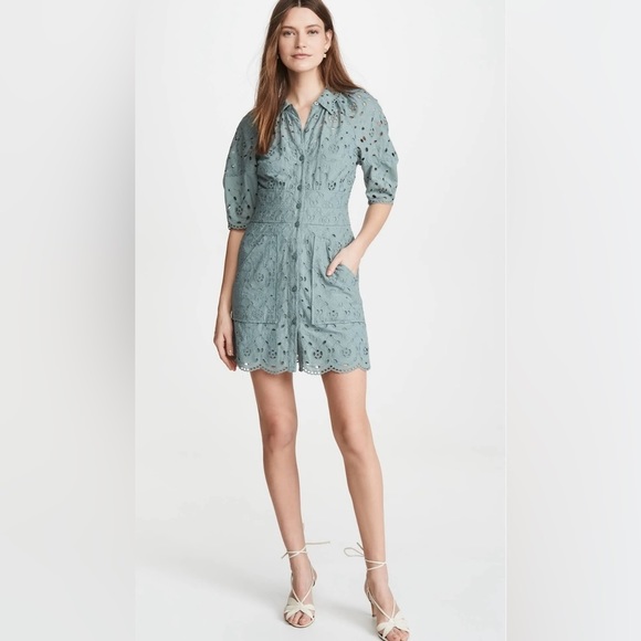 Rebecca Taylor Dresses & Skirts - Rebecca Taylor Short Sleeve Mina Sheer Eyelet Embroidered Dress in Spruce Size 4